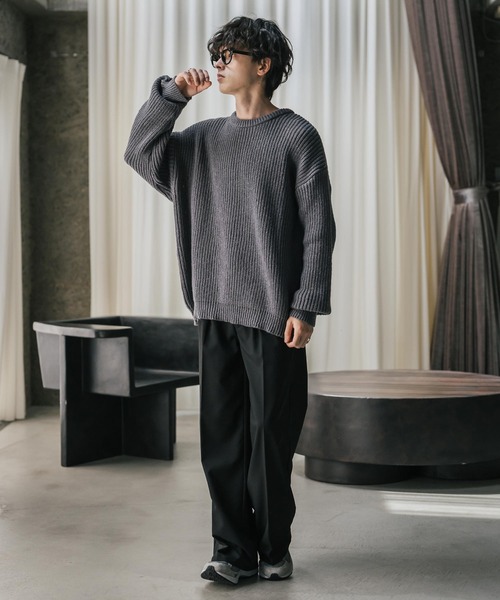 オーバーサイズ畦編みクルーネック長袖ニットセーター（ニット