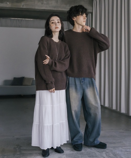 オーバーサイズ畦編みクルーネック長袖ニットセーター（ニット