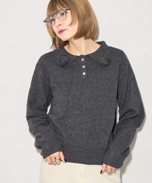 leimn（レイムン）の「フラワーモチーフポロニット（ポロシャツ・レディース・アイボリー/チャコールグレー・FREE）」の2枚目の写真