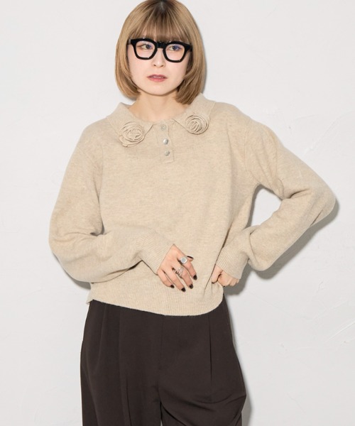 leimn（レイムン）の「フラワーモチーフポロニット（ポロシャツ・レディース・アイボリー/チャコールグレー・FREE）」の3枚目の写真