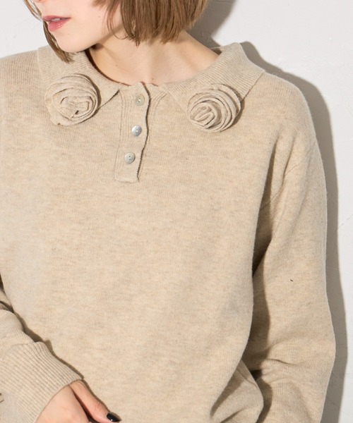 leimn（レイムン）の「フラワーモチーフポロニット（ポロシャツ・レディース・アイボリー/チャコールグレー・FREE）」の6枚目の写真