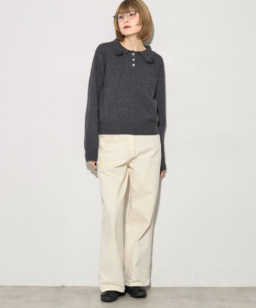 leimn（レイムン）の「フラワーモチーフポロニット（ポロシャツ・レディース・アイボリー/チャコールグレー・FREE）」の13枚目の写真