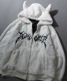 Darkness Design Fur Zip Hoodie with Devil's Horn/トライバルロゴ 角付きフード オーバーサイズ フルジップパーカー ファーブルゾン ファージャケット