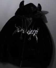 SITRY（シトリー）の「Darkness Design Fur Zip Hoodie with Devil's Horn/トライバルロゴ 角付きフード オーバーサイズ フルジップパーカー ファーブルゾン ファージャケット（ブルゾン・メンズ）」
