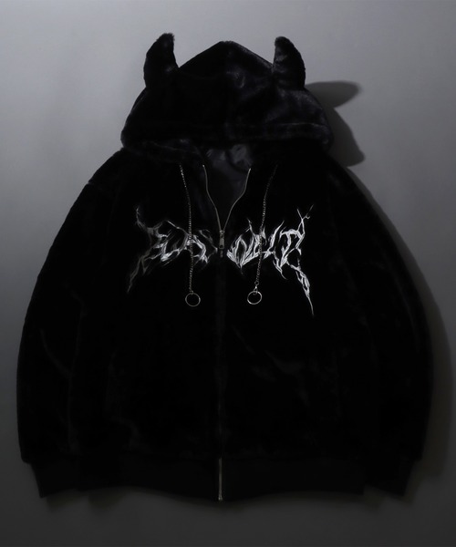 セール】Darkness Design Fur Zip Hoodie with Devil's Horn