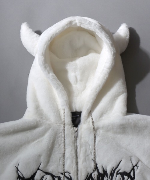 セール】Darkness Design Fur Zip Hoodie with Devil's Horn