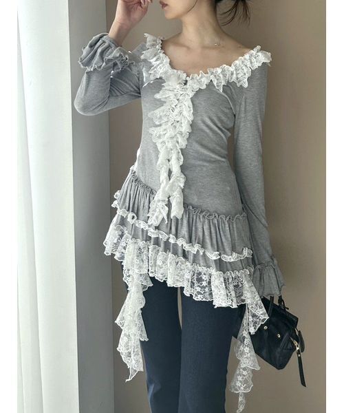 snidel ティアードフリルカットソープルオーバー　グレー ティアードフリルカットソープルオーバー（Tシャツ/カットソー
