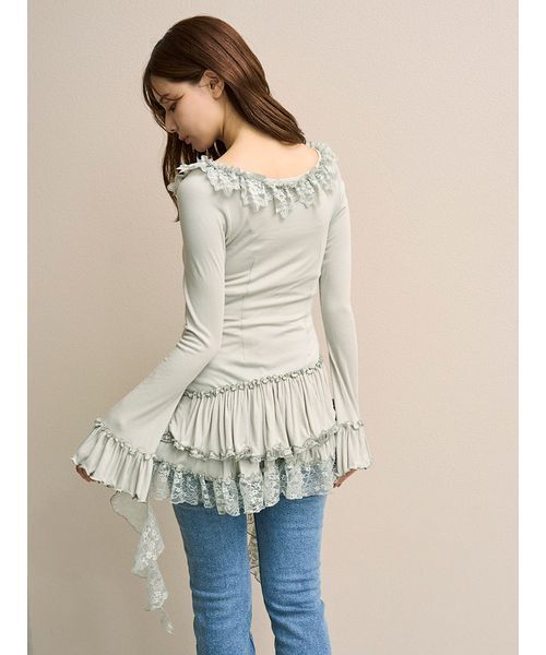SNIDEL（スナイデル）の「ティアードフリルカットソープルオーバー（Tシャツ/カットソー・レディース・ホワイト/ミント/グレー・F）」の5枚目の写真