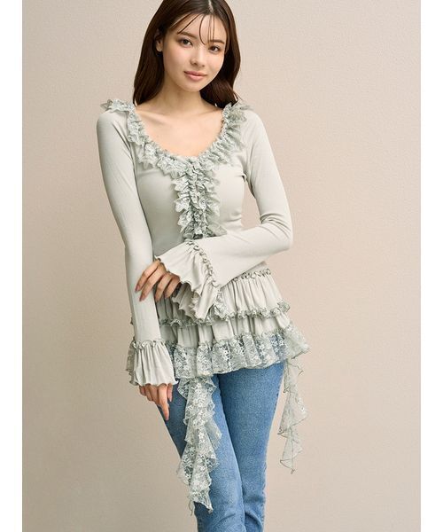 SNIDEL（スナイデル）の「ティアードフリルカットソープルオーバー（Tシャツ/カットソー・レディース・ホワイト/ミント/グレー・F）」の3枚目の写真