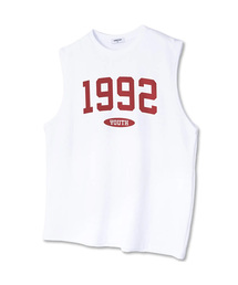 オーバーサイズクルーネックスリーブレス1992袖なしTシャツホワイトレッド