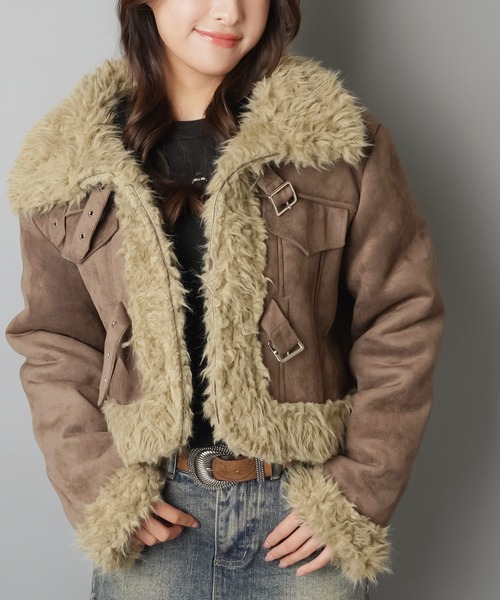 首まであったか☆高見えフェイクムートンジャケット/3ベルト（ムートン
