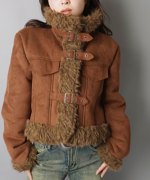 首まであったか☆高見えフェイクムートンジャケット/3ベルト（ムートン