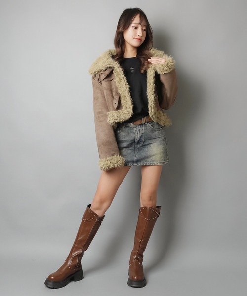 SPINNS（スピンズ）の「首まであったか☆高見えフェイクムートンジャケット/3ベルト（ムートンコート・レディース・ブラウン/ダークブラウン・ONESIZE）」の12枚目の写真