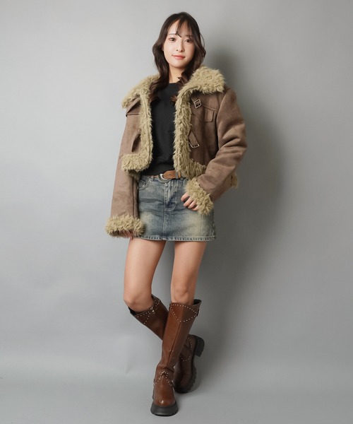 セール】首まであったか☆高見えフェイクムートンジャケット/3ベルト