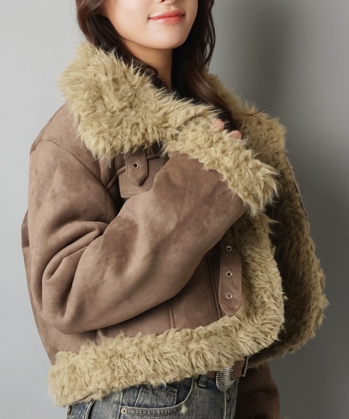 首まであったか☆高見えフェイクムートンジャケット/3ベルト（ムートン