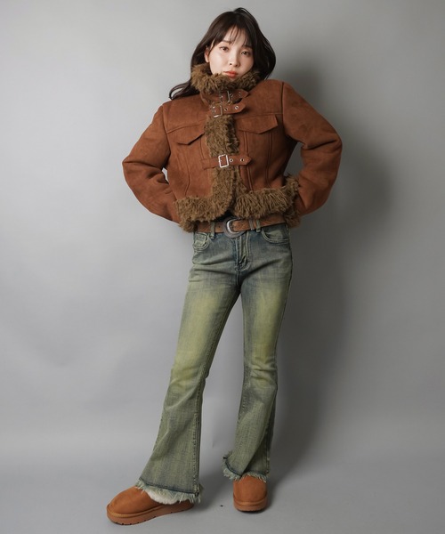 SPINNS（スピンズ）の「首まであったか☆高見えフェイクムートンジャケット/3ベルト（ムートンコート・レディース・ブラウン/ダークブラウン・ONESIZE）」の7枚目の写真