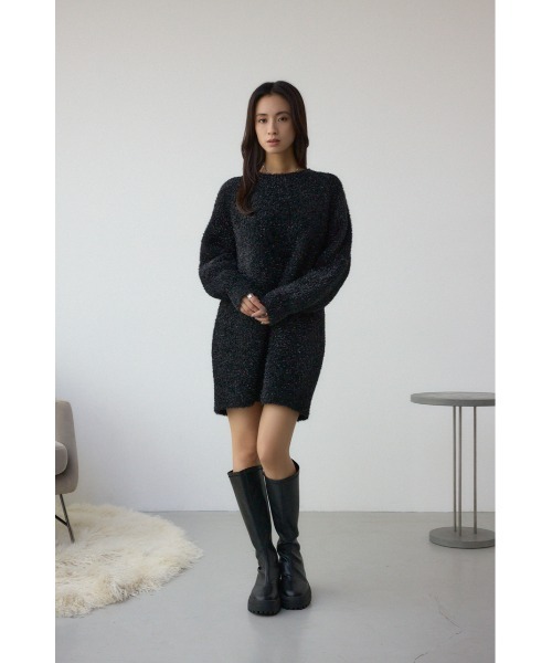 AZUL by moussy(アズールバイマウジー)の「【身長/骨格別着用画像あり】ラメシャギーニットワンピース 秋服 冬服 ニットトップス ミニワンピース チュニック(ワンピース・レディース・ブラック/ブラウン/レッド・FREE)」の7枚目の写真