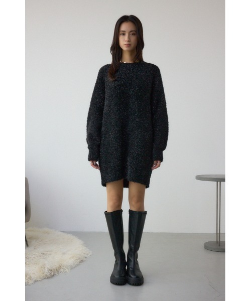 AZUL by moussy(アズールバイマウジー)の「【身長/骨格別着用画像あり】ラメシャギーニットワンピース 秋服 冬服 ニットトップス ミニワンピース チュニック(ワンピース・レディース・ブラック/ブラウン/レッド・FREE)」の8枚目の写真