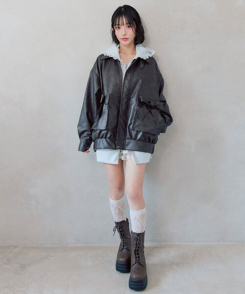 OLIVE des OLIVE（オリーブデオリーブ）の「リボンポケットエコレザーブルゾン（ライダースジャケット・レディース・ライトブラウン/ダークブラウン・FREE）」の7枚目の写真