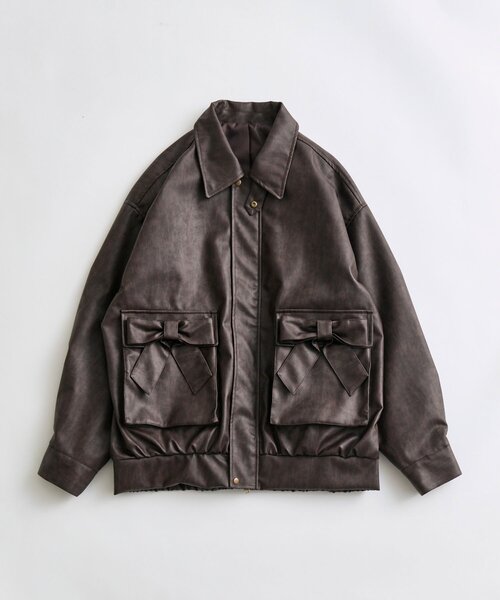 OLIVE des OLIVE（オリーブデオリーブ）の「リボンポケットエコレザーブルゾン（ライダースジャケット・レディース・ライトブラウン/ダークブラウン・FREE）」の8枚目の写真