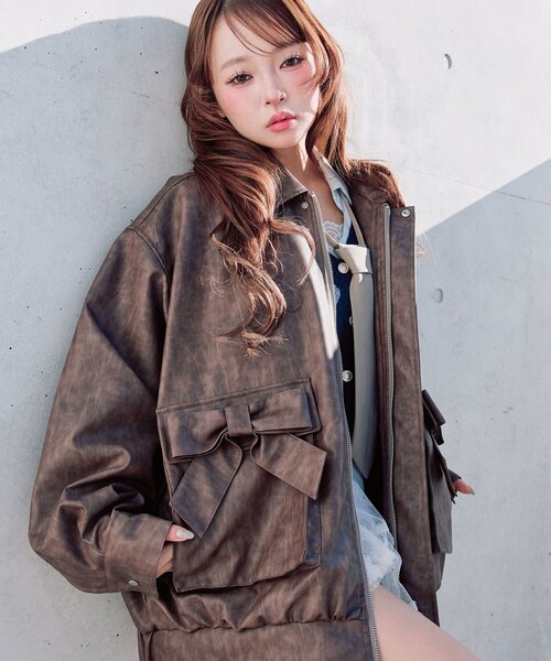 OLIVE des OLIVE（オリーブデオリーブ）の「リボンポケットエコレザーブルゾン（ライダースジャケット・レディース・ライトブラウン/ダークブラウン・FREE）」の12枚目の写真