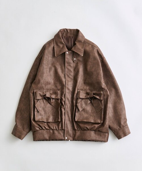 セール】リボンポケットエコレザーブルゾン（ライダースジャケット