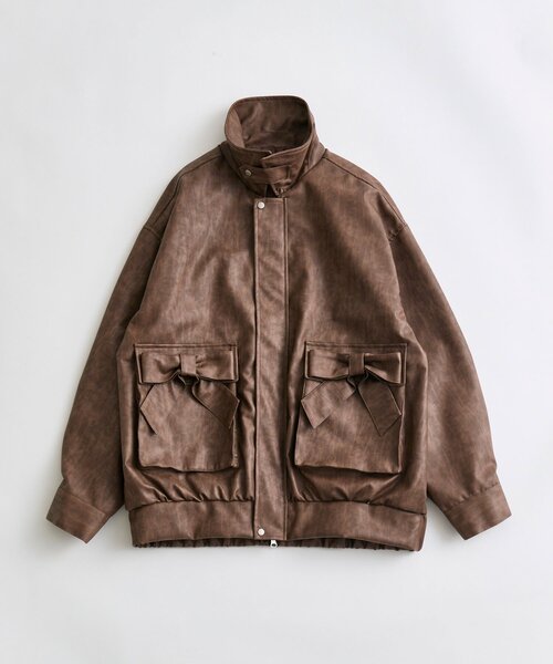セール】リボンポケットエコレザーブルゾン（ライダースジャケット