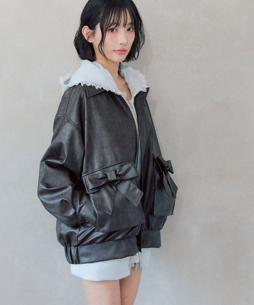 セール】リボンポケットエコレザーブルゾン（ライダースジャケット