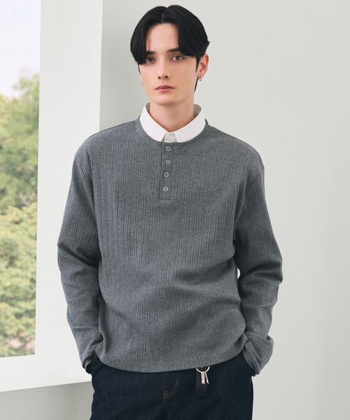 LUENNA(ルエナ)の「【LUENNA】Panel Rib Henley Neck Long Sleeve T-Shirt / パネルリブ ヘンリーネック ロンT(Tシャツ/カットソー・メンズ・ブラック/グレー/チャコール/カーキ・S/L/M)」の1枚目の写真