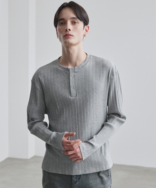 LUENNA】Panel Rib Henley Neck Long Sleeve T-Shirt / パネルリブ