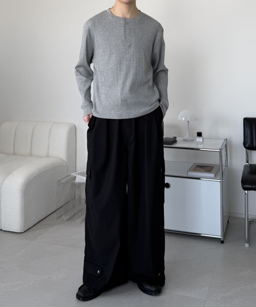 LUENNA】Panel Rib Henley Neck Long Sleeve T-Shirt / パネルリブ