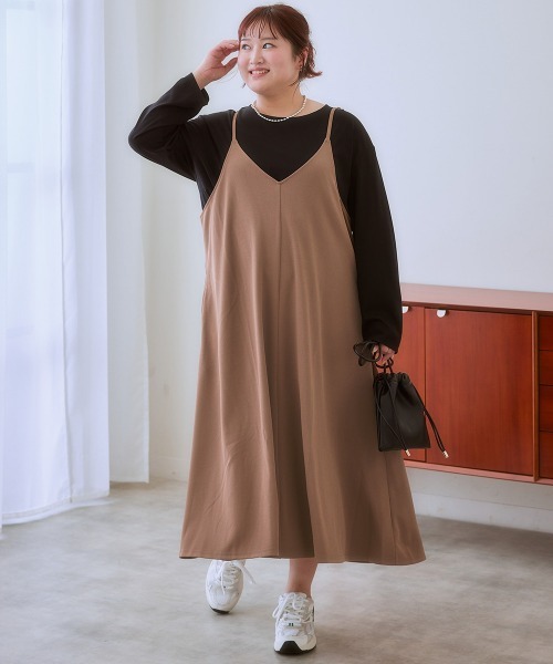 SMILE LAND（スマイルランド）の「＜大きいサイズ＞ よく伸びるロングキャミワンピース（ワンピース・レディース・モカ/ブラック・L/LL/3L/4L/5L）」の2枚目の写真