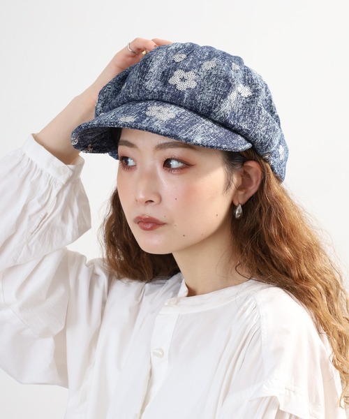 数回使用美品 ブラックサイン アースカラー キャスケット ハンチング L セール】花スパンコールデニムキャスケット（キャスケット）｜crossi