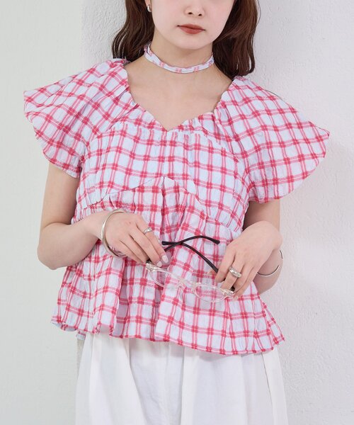 mystic（ミスティック）の「チェックパフブラウス（シャツ/ブラウス・レディース・ブラック/グリーン/レッド/オフホワイト/ベージュ・FREE）」の5枚目の写真