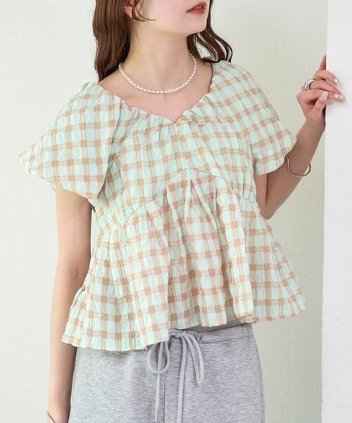 mystic（ミスティック）の「チェックパフブラウス（シャツ/ブラウス・レディース・ブラック/グリーン/レッド/オフホワイト/ベージュ・FREE）」の4枚目の写真