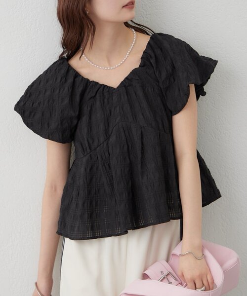 mystic（ミスティック）の「チェックパフブラウス（シャツ/ブラウス・レディース・ブラック/グリーン/レッド/オフホワイト/ベージュ・FREE）」の3枚目の写真