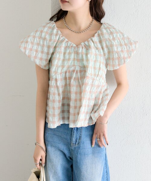 mystic(ミスティック)の「《@sktnnmセレクト/BLU》《WEB限定/GRN》チェックパフブラウス(シャツ/ブラウス・レディース・ブラック/グリーン/レッド/オフホワイト/ベージュ/ブルー・FREE)」の15枚目の写真
