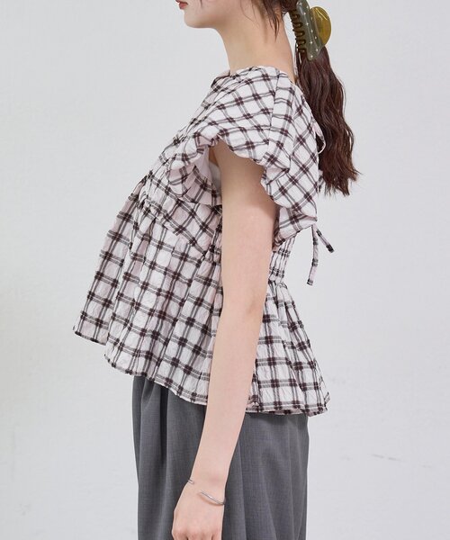 mystic（ミスティック）の「チェックパフブラウス（シャツ/ブラウス・レディース・ブラック/グリーン/レッド/オフホワイト/ベージュ・FREE）」の6枚目の写真
