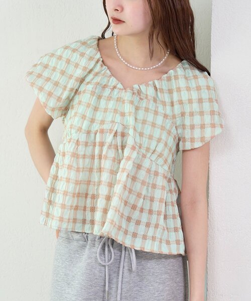 mystic（ミスティック）の「チェックパフブラウス（シャツ/ブラウス・レディース・ブラック/グリーン/レッド/オフホワイト/ベージュ・FREE）」の13枚目の写真