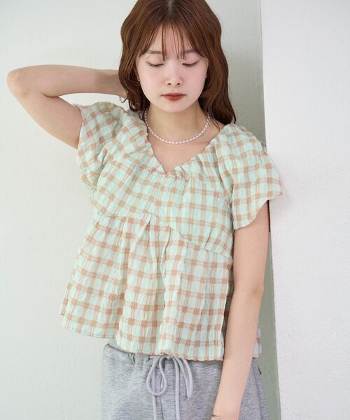 mystic（ミスティック）の「チェックパフブラウス（シャツ/ブラウス・レディース・ブラック/グリーン/レッド/オフホワイト/ベージュ・FREE）」の22枚目の写真