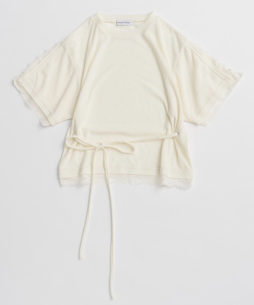 MAISON SPECIAL（メゾンスペシャル）の「2WAY Lace Trim Pile T-Shirt/2WAYレーストリムパイルTシャツ（Tシャツ/カットソー・レディース・ホワイト/チャコールグレー/パープル・FREE）」の2枚目の写真