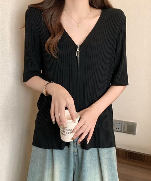 SallyLunn(サリーラン)の「リブニットダブルジップトップス(ニット/セーター・レディース・ホワイト/ブラック・FREE)」の12枚目の写真