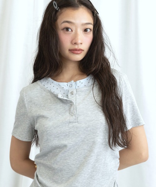 3.3 Field Trip (3.3フィールドトリップ)の「3.3 Field Trip/レイヤードヘンリーネックトップス(Tシャツ/カットソー・レディース・ブラック/ネイビー/グレー/ピンク・FREE)」の2枚目の写真