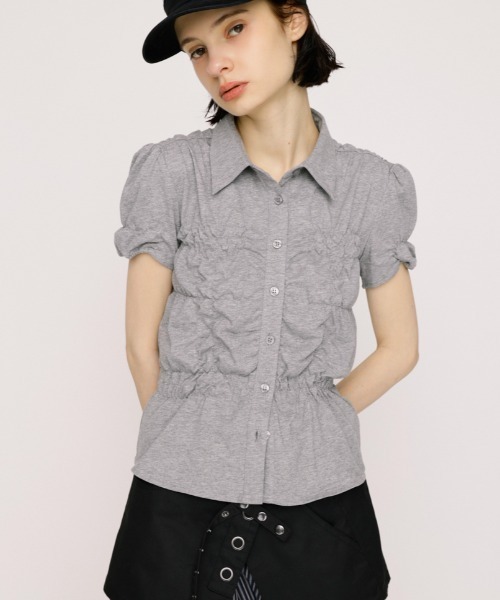 SLY(スライ)の「RANDOM SHIRRING CUT TOPS ランダムシャーリングカットトップス 春服 夏服(Tシャツ/カットソー・レディース・ブラック/ライトブルー/オフホワイト/ライトイエロー/杢グレー・FREE)」の3枚目の写真