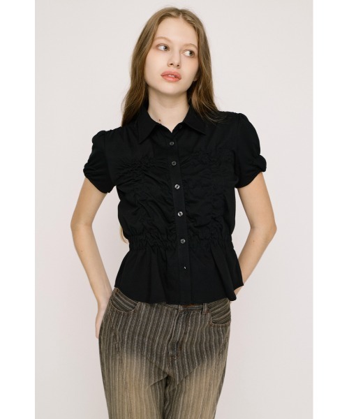 SLY(スライ)の「RANDOM SHIRRING CUT TOPS ランダムシャーリングカットトップス 春服 夏服(Tシャツ/カットソー・レディース・ブラック/ライトブルー/オフホワイト/ライトイエロー/杢グレー・FREE)」の15枚目の写真