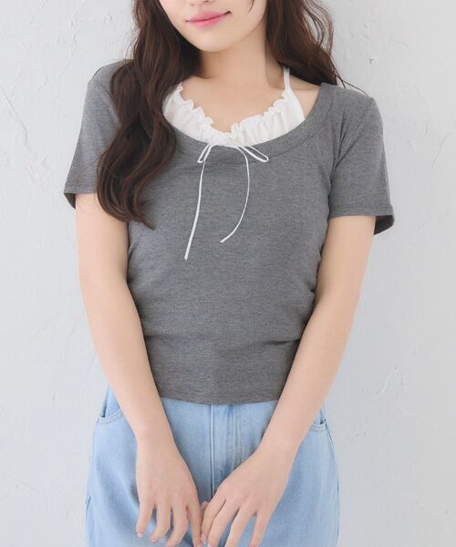 ems excite(エムズエキサイト)の「クシュクシュレイヤードCT(Tシャツ/カットソー・レディース・ピンク/ブラック/チャコールグレー・FREE)」の3枚目の写真