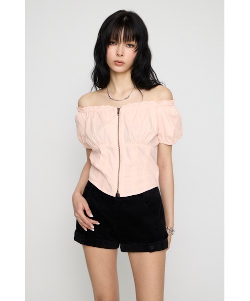 LAGUA GEM(ラグアジェム)の「2WAY ZIP COTTON トップス(Tシャツ/カットソー・レディース・チャコールグレー/ホワイト/ライトピンク・FREE)」の12枚目の写真