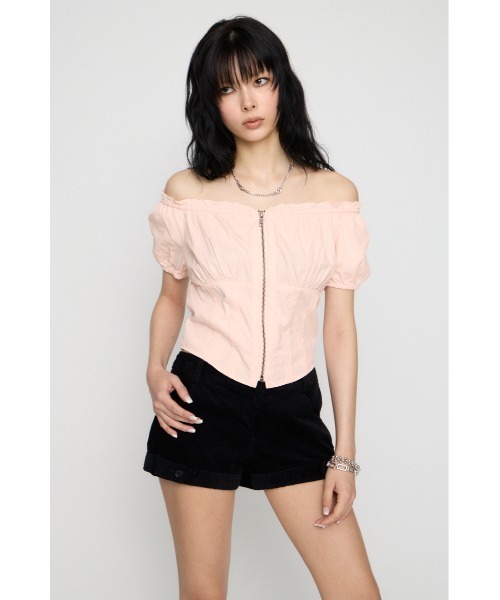 LAGUA GEM(ラグアジェム)の「2WAY ZIP COTTON トップス(Tシャツ/カットソー・レディース・チャコールグレー/ホワイト/ライトピンク・FREE)」の13枚目の写真