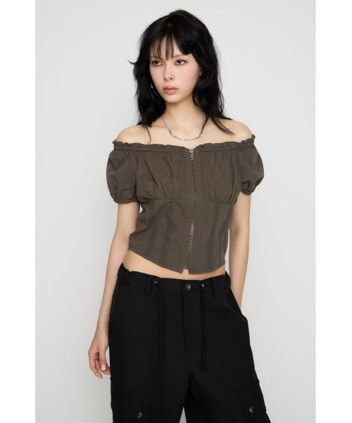 LAGUA GEM(ラグアジェム)の「2WAY ZIP COTTON トップス(Tシャツ/カットソー・レディース・チャコールグレー/ホワイト/ライトピンク・FREE)」の7枚目の写真