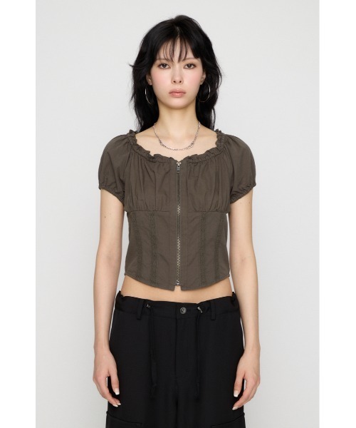 LAGUA GEM(ラグアジェム)の「2WAY ZIP COTTON トップス(Tシャツ/カットソー・レディース・チャコールグレー/ホワイト/ライトピンク・FREE)」の9枚目の写真